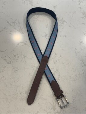 Men's Light Blue Flamingo Webbed Belt with Brown Faux Leather Trim - XL 42-44